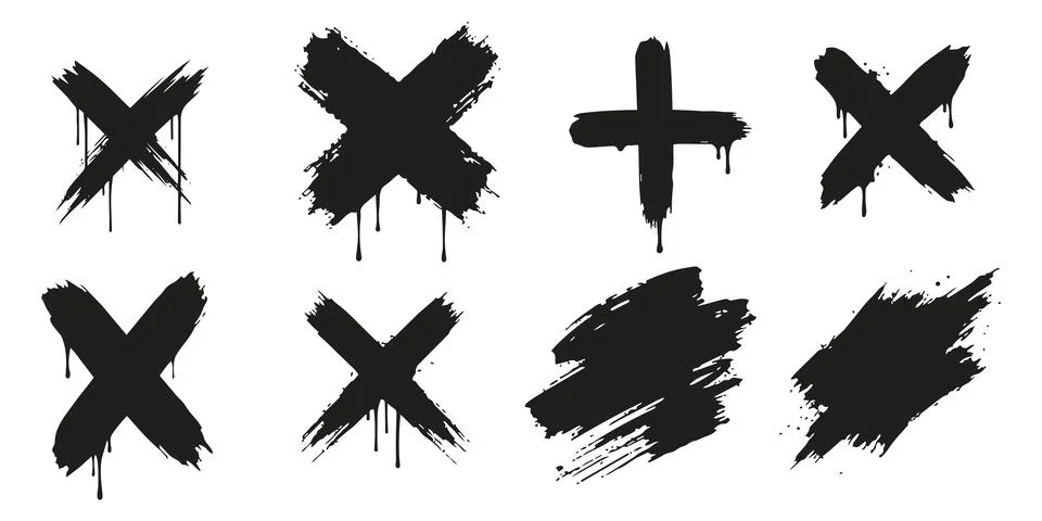 Set of black vector grunge cross marks, plus signs, and brush splashes with.. Stock Illustration