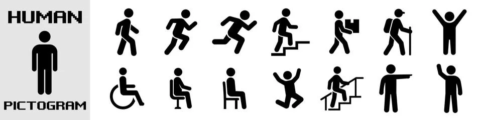 Set of black vector human pictograms and action icons featuring people walk.. Stock Illustration