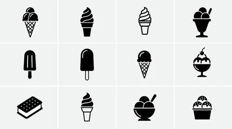 Set of black vector ice cream icons featuring various types of frozen treats, Stock Illustration