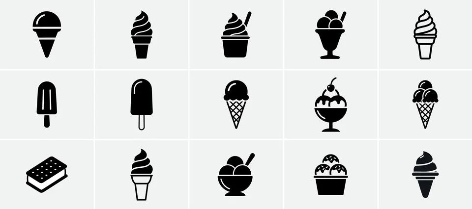 Set of black vector ice cream icons featuring various types of frozen treats, Stock Illustration