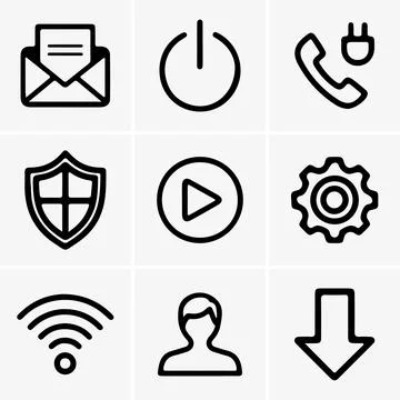 Set of black vector icons includes an email, power symbol, telephone, shield, Stock Illustration