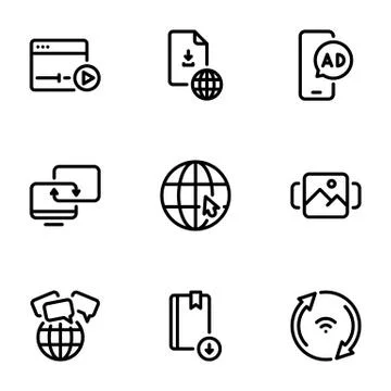 Set of black vector icons, isolated on white background, on theme Internet co Illustrazione stock