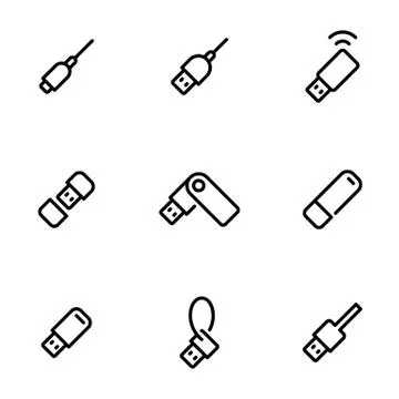 Set of black vector icons, isolated on white background, on theme Usb Illustrazione stock