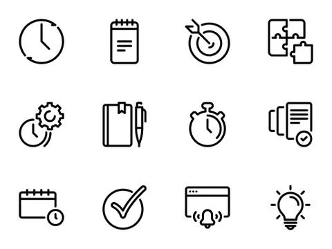 Set of black vector icons, isolated on white background, on theme Time manage 库存插图