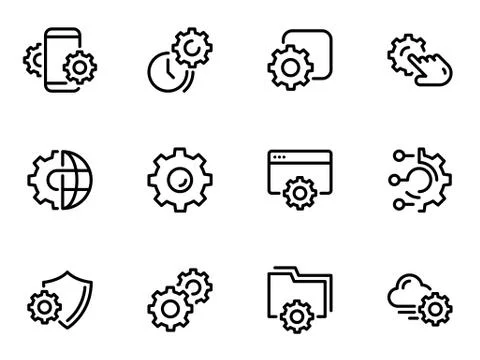 Set of black vector icons, isolated on white background, on theme Setting and Illustrazione stock