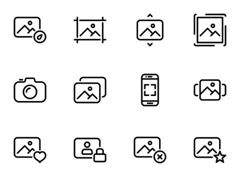 Set of black vector icons, isolated on white background, on theme Photography Stock Illustration