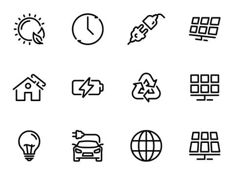 Set of black vector icons, isolated on white background, on theme Solar energ 库存插图