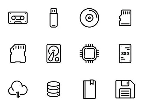Set of black vector icons, isolated on white background, on theme Data storag Stock Illustration
