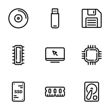Set of black vector icons, isolated on white background, on theme Computer Me Stock Illustration
