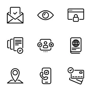 Set of black vector icons, isolated on white background, on theme Verificatio Illustrazione stock