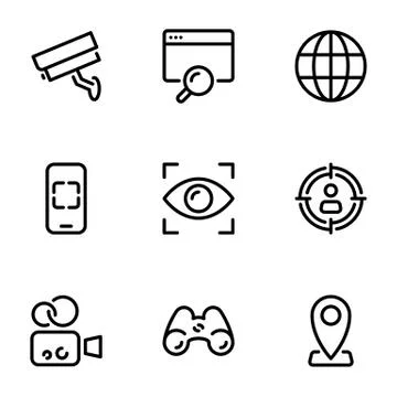 Set of black vector icons, isolated on white background, on theme Observation Stock Illustration