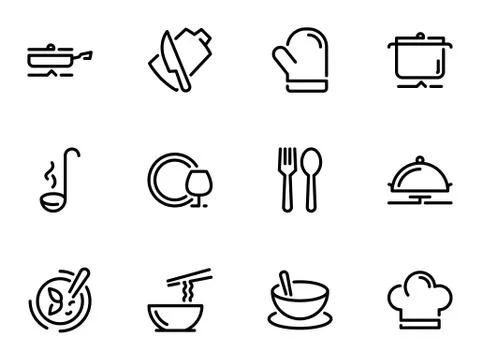 Set of black vector icons, isolated on white background, on theme Kitchenware Stock Illustration