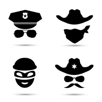 Set of black vector icons. Policeman icon. Thief icon. Sheriff icon. Cowboy icon Stock Illustration
