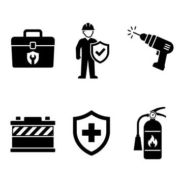 Set of black vector icons representing safety, tools, and protection: toolb.. Stock Illustration