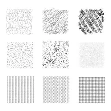 Set of black vector illustrations of abstract hand drawn square textures for  Stock Illustration