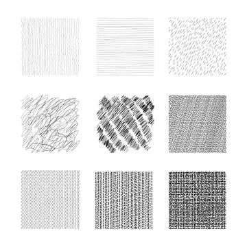 Set of black vector illustrations of abstract hand drawn square textures for Stock Illustration