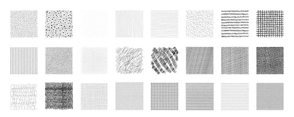 Set of black vector illustrations of abstract hand drawn square textures for Stock Illustration