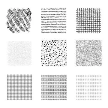 Set of black vector illustrations of abstract hand drawn square textures for  Stock Illustration
