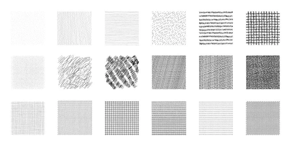 Set of black vector illustrations of abstract hand drawn square textures for  Stock Illustration