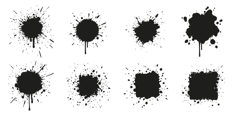 Set of black vector ink splashes, paint splatters, drops, and blots. Perfec.. Stock Illustration