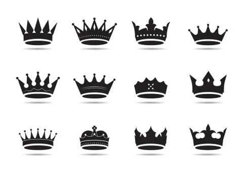 Set of black vector king crowns and icon. Vector Illustration. Illustrazione stock