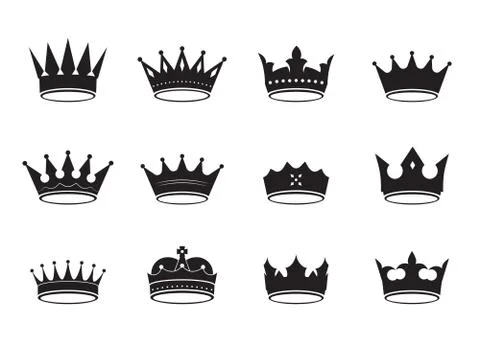 Set of black vector king crowns and icon. Vector Illustration. Illustrazione stock