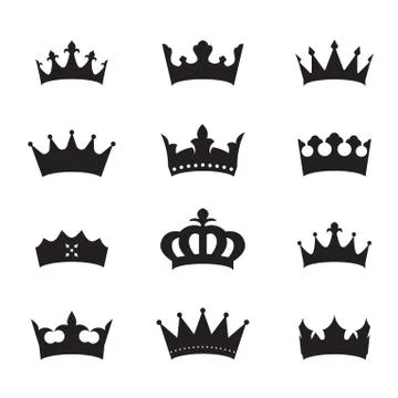 Set of black vector king crowns and icon on black background. Vector Illustra Illustrazione stock