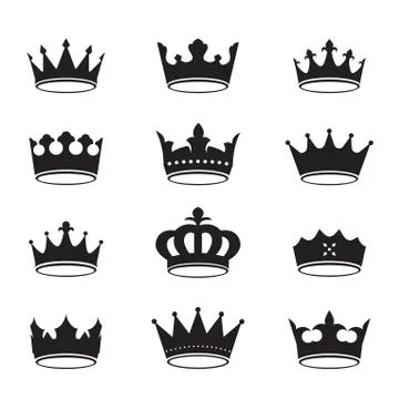 Set of black vector king crowns and icon on black background. Vector Illustra Stock Illustration