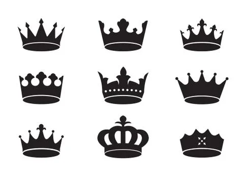 Set of black vector king crowns and icon on black background. Vector Illustra Stock Illustration