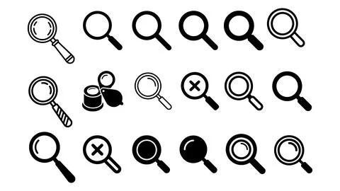 A set of black vector magnifying glass icons Illustrazione stock