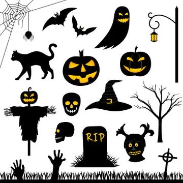 Set of black vector silhouettes for Halloween party. Pumpkins, bats and cemet Stock Illustration