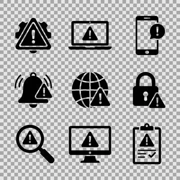 Set of black warning alert icons including gear, laptop, smartphone, bell, .. Stock Illustration