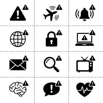 Set of black warning alert icons for airplane, bell, globe, lock, laptop, e.. Stock Illustration