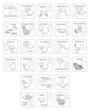 Set of black white ABC cards with pictures. Vector outline Illustration for Stock Illustration
