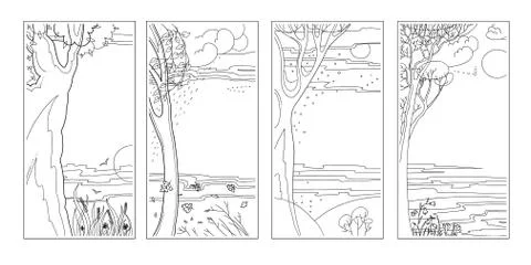 Set black-white flat vector natural backgrounds. Four seasons. Hot summer day Illustrazione stock