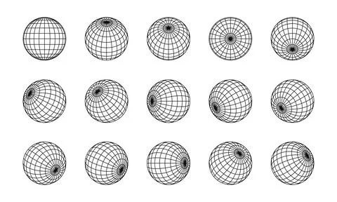 Set of black wireframe Globe spheres in multiple views. Stock Illustration