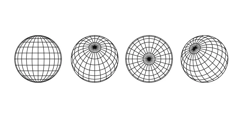 Set of black wireframe Globe spheres in multiple views. Stock Illustration