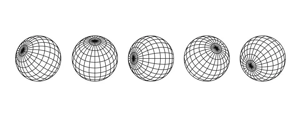 Set of black wireframe Globe spheres in multiple views. Stock Illustration