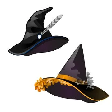 Set of black witch hat. Sketch for greeting card, festive poster, party Stock Illustration