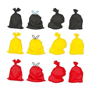 Set of Black, yellow, red plastic garbage bags Stock Illustration