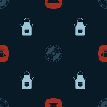 Set Blacksmith anvil tool, Round shield and apron on seamless pattern. Vector Illustrazione stock