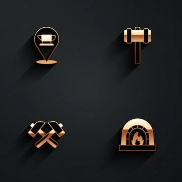 Set Blacksmith anvil tool, Sledgehammer, Crossed and oven icon with long shadow Stock Illustration