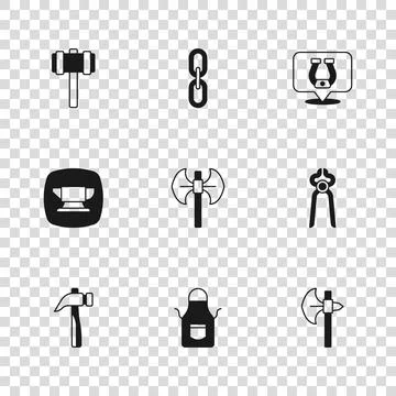 Set Blacksmith apron, pliers tool, Medieval axe, poleaxe, Horseshoe, Sledge.. Stock Illustration