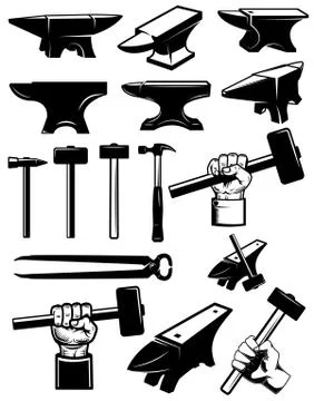 Set of blacksmith design elements. Anvil, hammers, blacksmith tools. For logo Stock Illustration