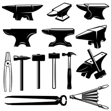 Set of blacksmith design elements. Anvils,hammers, pincers. Design element fo 스톡 일러스트