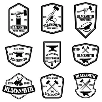 Set of blacksmith emblems. Design element for logo, label, sign, poster, t sh Stock Illustration