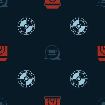 Set Blacksmith oven, anvil tool and Round shield on seamless pattern. Vector Stock Illustration