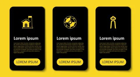 Set Blacksmith pliers tool, Round shield and Smithy workshop interior. Business Illustrazione stock