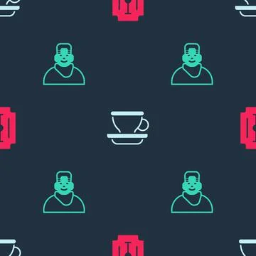 Set Blade razor, Coffee cup and Client in barbershop on seamless pattern. Vector Stock Illustration