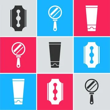Set Blade razor, Hand mirror and Cream or lotion cosmetic tube icon. Vector Illustration